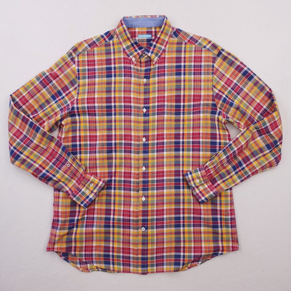 J Mclaughlin Shirt Mens Medium Blue Red Madras Plaid Button Down Colorful Preppy